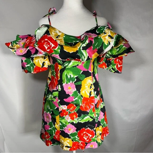 Top Shop‎ Off The Shoulder Bold Floral Ruffle Bardot Mini Dress 4 Feminine Fairy - Picture 2 of 9